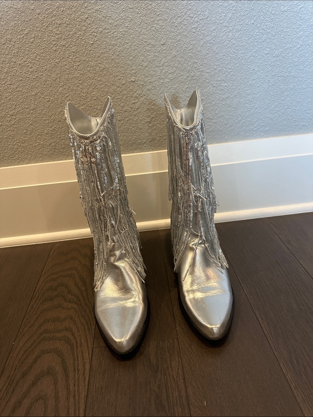 Silver Fringe Sequin Ankle Boots - Women's Metallic Booties - Picture 8 of 12
